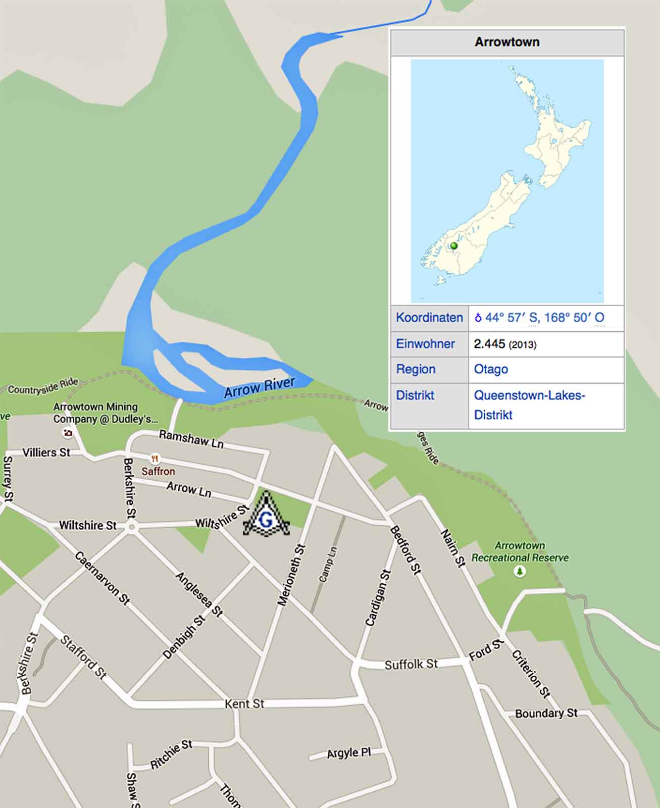 Karte von Arrowtown, Otago, Neuseeland