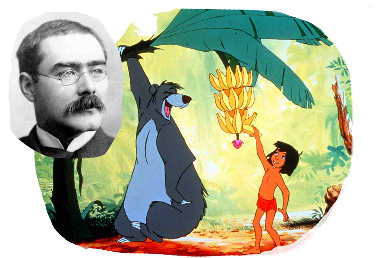 Portrait von R. Kipling und seinen Romanhelden Balu und Mowgli
