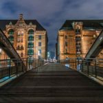 Hamburgische Fußgängerbrücke führt durch die Speicherstadt in die Hafencity